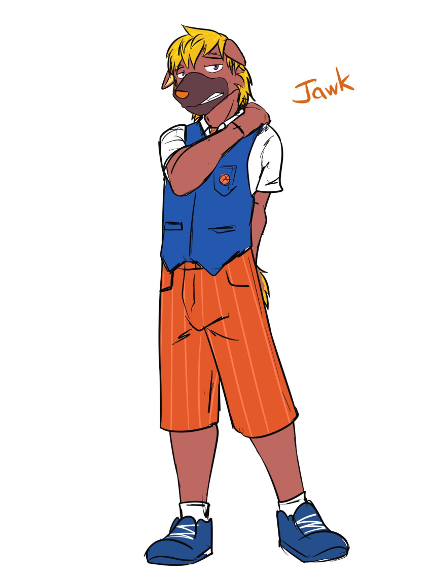 3:4 anthro anthrofied bottomwear clothed clothing footwear fully_clothed fuze generation_9_pokemon hi_res jawk_(fuze) male maschiff naranja_academy necktie nintendo orange_bottomwear orange_clothing orange_necktie orange_shorts pokemon pokemon_(species) pokemorph school_uniform shoes shorts simple_background socks solo text uniform white_background