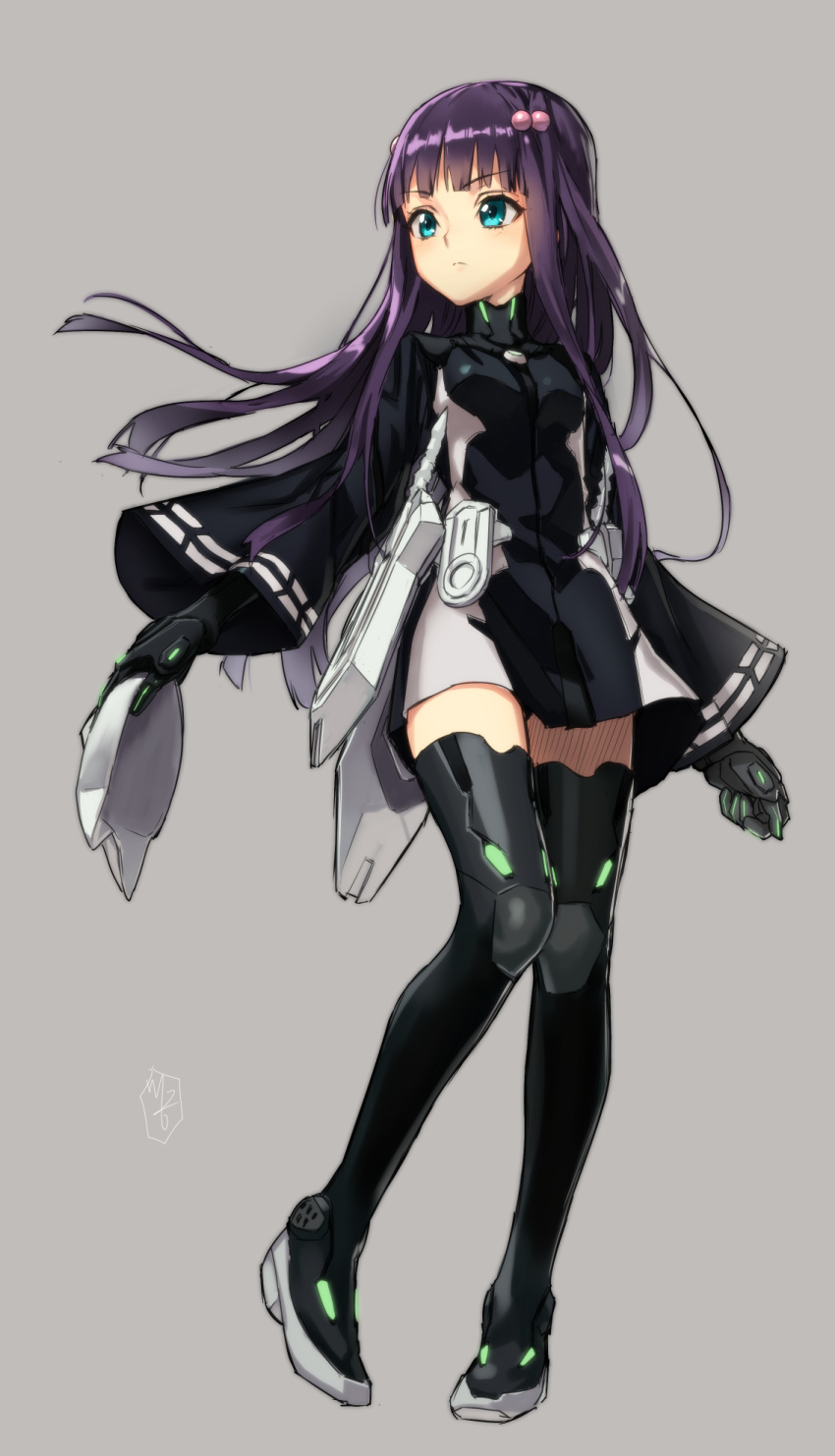 adashino_benio black_footwear black_hair black_thighhighs blue_eyes boots female full_body grey_background hair_ornament high_heels highres hime_cut kawakami_rokkaku long_hair mask simple_background solo sousei_no_onmyouji thigh_boots thighhighs unworn_mask zettai_ryouiki