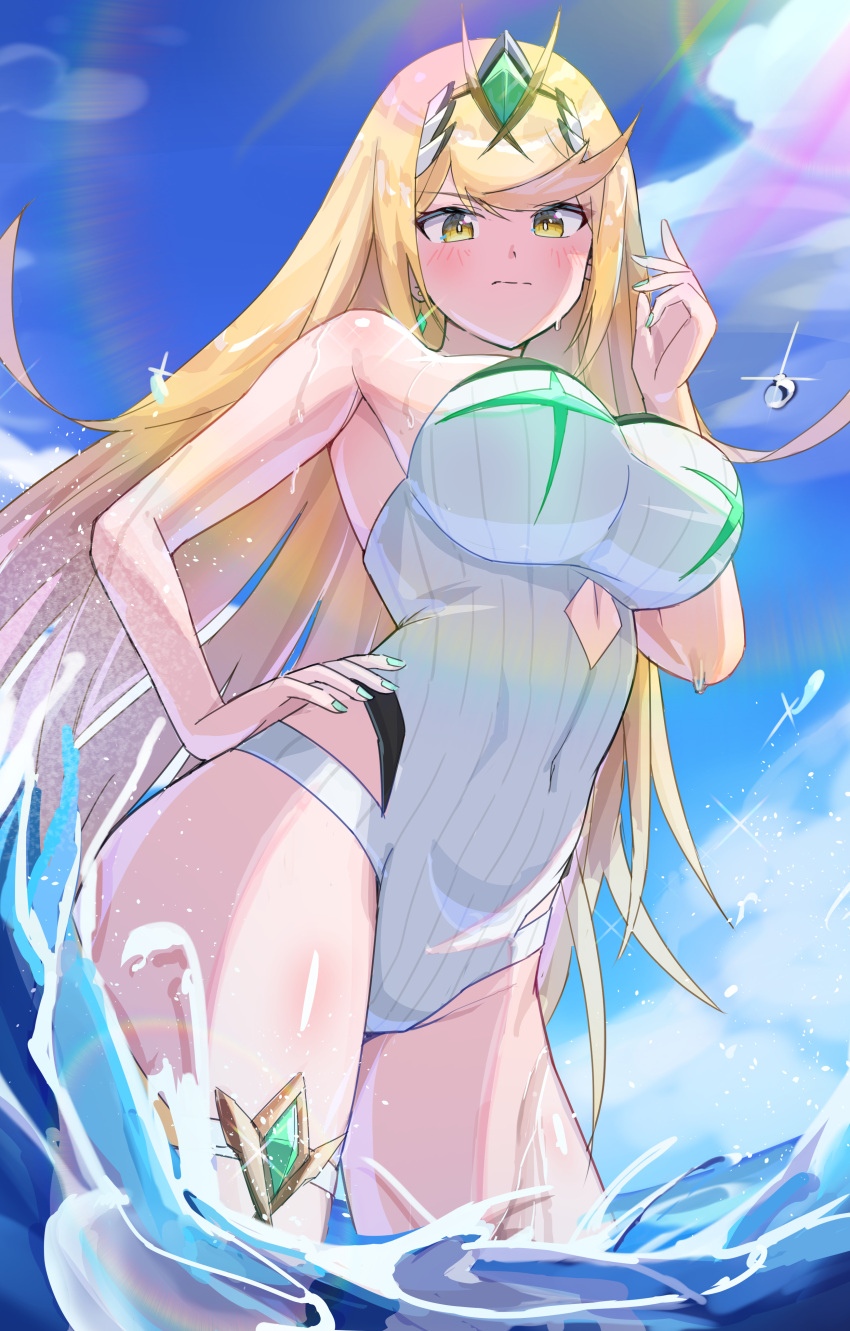 absurdres armpits bare_shoulders blonde_hair blush breasts cloud competition_swimsuit contrapposto cutout_above_navel day female from_below gem green_nails hand_on_own_hip hand_up headpiece highres large_breasts long_hair looking_at_viewer mythra_(radiant_beach)_(xenoblade) mythra_(xenoblade) ocean one-piece_swimsuit oruru63100814 outdoors solo strapless strapless_one-piece_swimsuit striped_clothes striped_one-piece_swimsuit sunlight swept_bangs swimsuit tiara vertical-striped_clothes vertical-striped_one-piece_swimsuit very_long_hair wading water white_one-piece_swimsuit xenoblade_chronicles_(series) xenoblade_chronicles_2 yellow_eyes