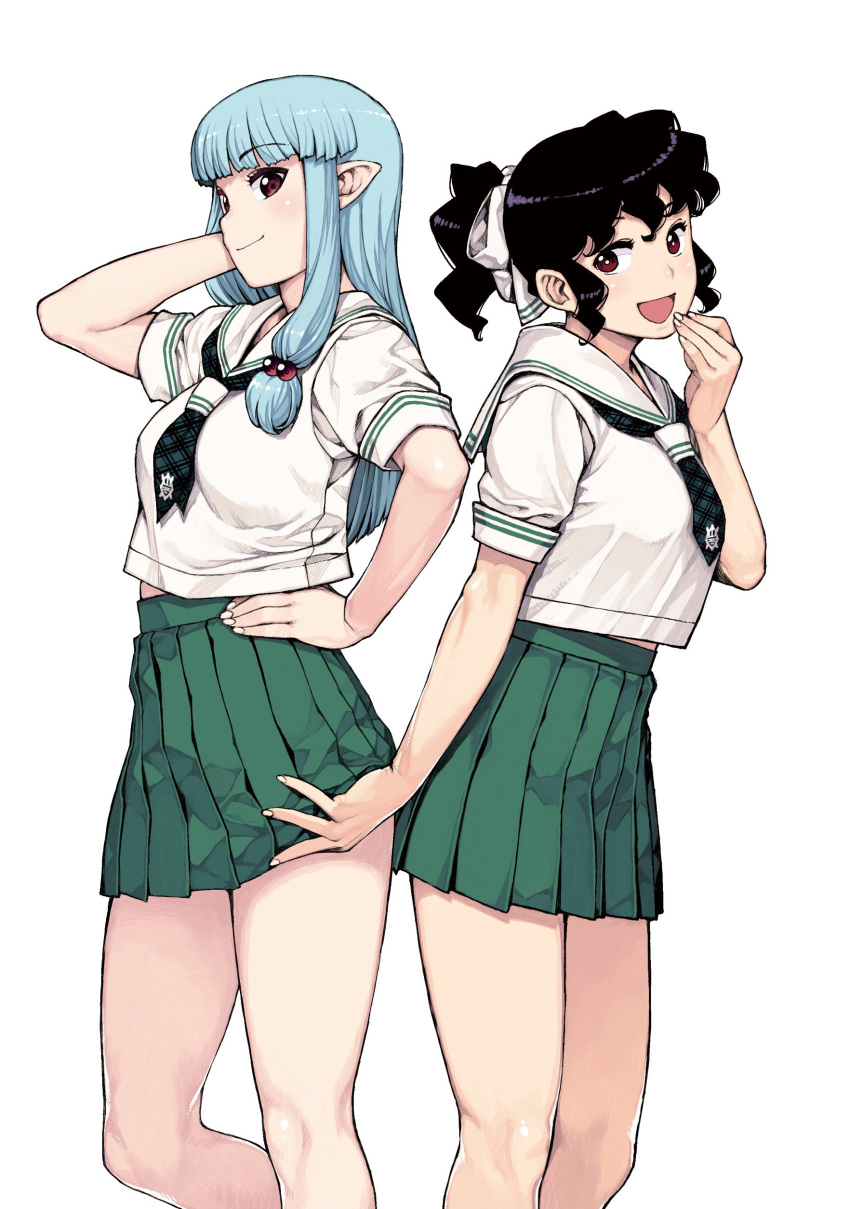 2girls :d absurdres bare_legs black_hair blue_hair blunt_bangs clothes_lift commentary_request curly_hair feet_out_of_frame green_skirt hair_bobbles hair_ornament hair_ribbon hamada_yoshikazu hand_under_clothes hand_under_skirt high-waist_skirt highres kagami_kanaka kiriha_(tsugumomo) long_hair looking_at_viewer miniskirt multiple_girls neckerchief official_art open_mouth pleated_skirt pointy_ears ponytail ribbon sailor_collar school_uniform serafuku shirt short_ponytail sidelocks simple_background skirt skirt_lift smile tsugumomo white_background white_shirt yuri