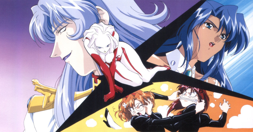 1990s_(style) 1boy 4girls agent_aika aida_rion aika_(series) anger_vein angry ascot bare_shoulders bikini black_delmo black_jacket blue_hair brooch brown_eyes closed_mouth delmogeny_uniform detached_collar earrings epaulettes fighting glasses headband high_heels highres jacket jewelry long_hair long_sleeves makeup maypia_alexymetalia multiple_girls neena_hagen official_art open_mouth orange_hair profile purple_lips red_ascot red_footwear red_hair red_headband red_lips retro_artstyle rimless_eyewear round_eyewear rudolf_hagen shivie_aika short_hair smile sumeragi_aika swimsuit transformation uniform white_jacket white_legwear yamauchi_noriyasu