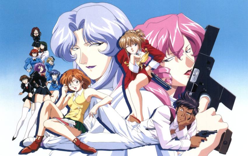 1990s_(style) 2boys 6+girls agent_aika aida_rion aika_(series) aiming ascot bare_shoulders black_ascot black_delmo black_delmo_a black_delmo_leader black_hair black_jacket blue_delmo blue_delmo_leader blue_delmo_v blue_hair blue_jacket book boots brown_eyes brown_hair crotch_seam delmo_commander delmogeny_uniform earrings glasses green_hair gun gusto_turbulence headband high_heels highres jacket jewelry licking lipstick long_hair long_sleeves lying makeup multiple_boys multiple_girls neena_hagen official_art on_side one_eye_closed open_mouth panties pants pantyshot pencil_skirt pink_hair pleated_skirt purple_hair purple_lips red_hair red_headband red_lips retro_artstyle revolver round_eyewear rudolf_hagen scan shirt short_hair siblings sitting skirt smile sumeragi_aika thighhighs tongue tongue_out underwear uniform weapon white_delmo white_jacket white_legwear white_panties yamauchi_noriyasu