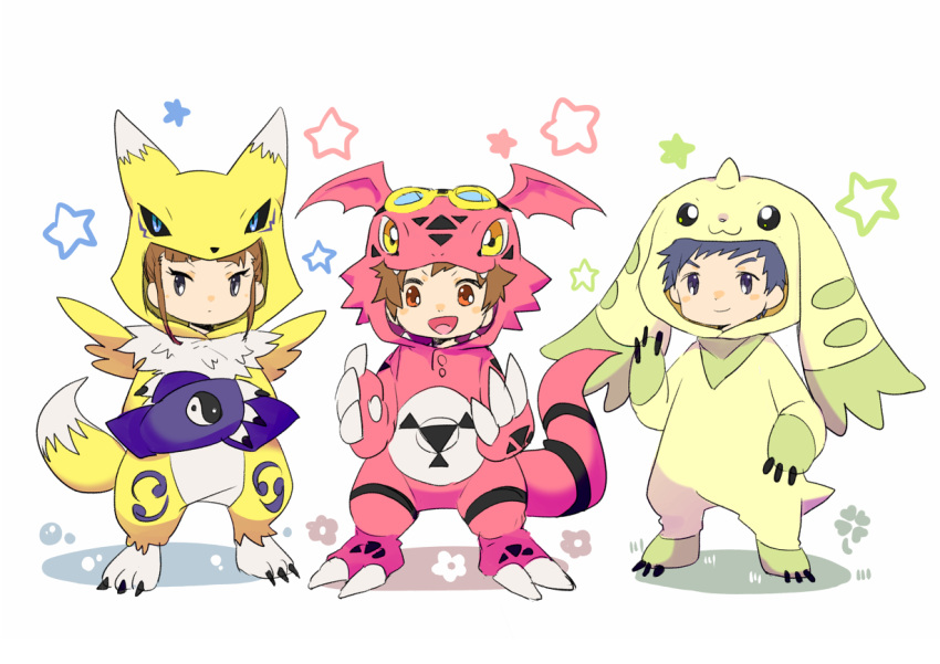 2boys blue_hair brown_hair closed_mouth cosplay digimon digimon_tamers female guilmon guilmon_(cosplay) koumi_(koumiumit) lee_jianliang lolicon makino_ruki matsuda_takato multiple_boys open_mouth renamon renamon_(cosplay) smile star_(symbol) terriermon terriermon_(cosplay)