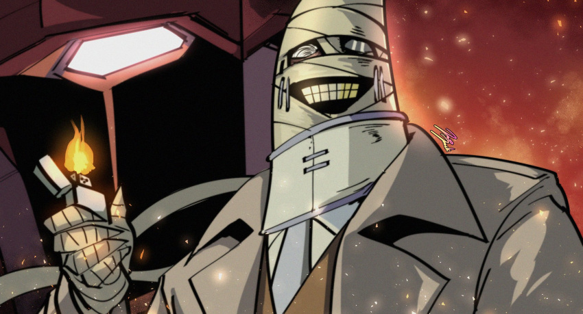 1boy bandaged_arm bandaged_head bandages big_duo fire glowing grin highres jazz_jack lighter looking_at_viewer mecha monocle neck_brace parted_lips robot schwarzwald smile solo teeth the_big_o