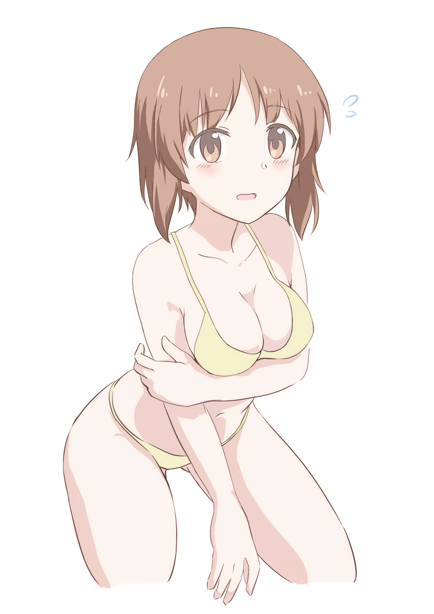 absurdres arm_grab bad_id bad_pixiv_id bikini blush breasts brown_eyes brown_hair cleavage commentary ennui_orz female flying_sweatdrops girls_und_panzer highres leaning_forward looking_at_viewer medium_breasts navel nishizumi_miho open_mouth short_hair simple_background skindentation solo standing swimsuit white_background yellow_bikini