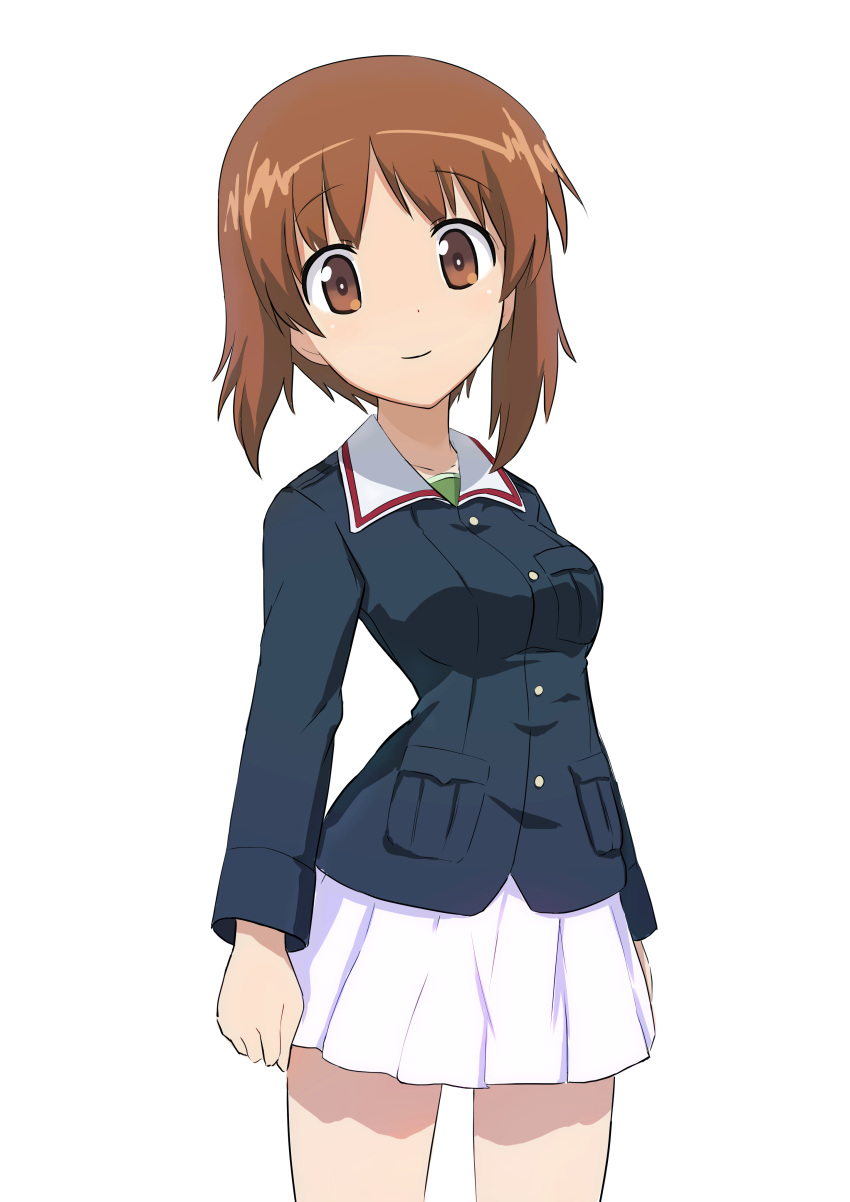 absurdres bad_id bad_pixiv_id blue_jacket brown_eyes brown_hair closed_mouth commentary cowboy_shot ennui_orz female girls_und_panzer green_shirt highres jacket long_sleeves looking_at_viewer military military_uniform miniskirt nishizumi_miho ooarai_military_uniform pleated_skirt shirt short_hair simple_background skirt smile solo standing uniform white_background white_skirt