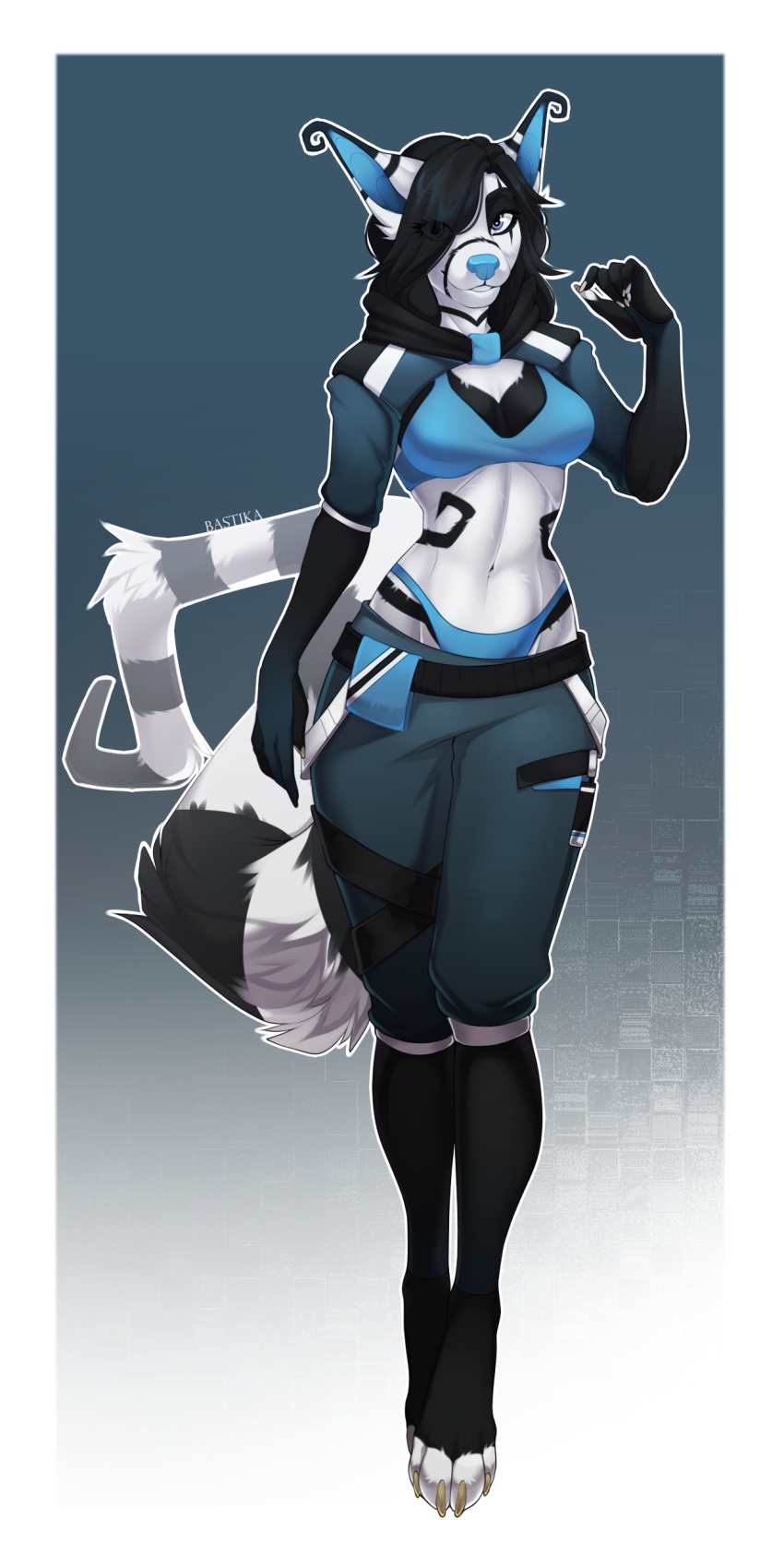 2020 5_fingers absurd_res anthro bastika black_hair blue_nose bottomwear bra breasts clothing crux digital_media_(artwork) female fingers fur hair hi_res kruel_(feril) midriff navel panties shorts smile solo underwear white_body white_fur