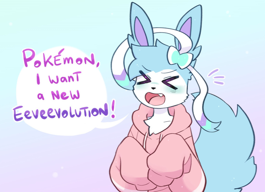 >_< anthro biped blue_body closed_eyes clothing dialogue eeveelution fangs generation_6_pokemon hi_res hoodie milk_the_sylveon_(toxicmilkyx) nintendo open_mouth oversized_clothing oversized_hoodie oversized_topwear pokemon pokemon_(species) shiny_pokemon simple_background solo speech_bubble sylveon teeth topwear toxicmilkyx trans_(lore) trans_man_(lore) white_body