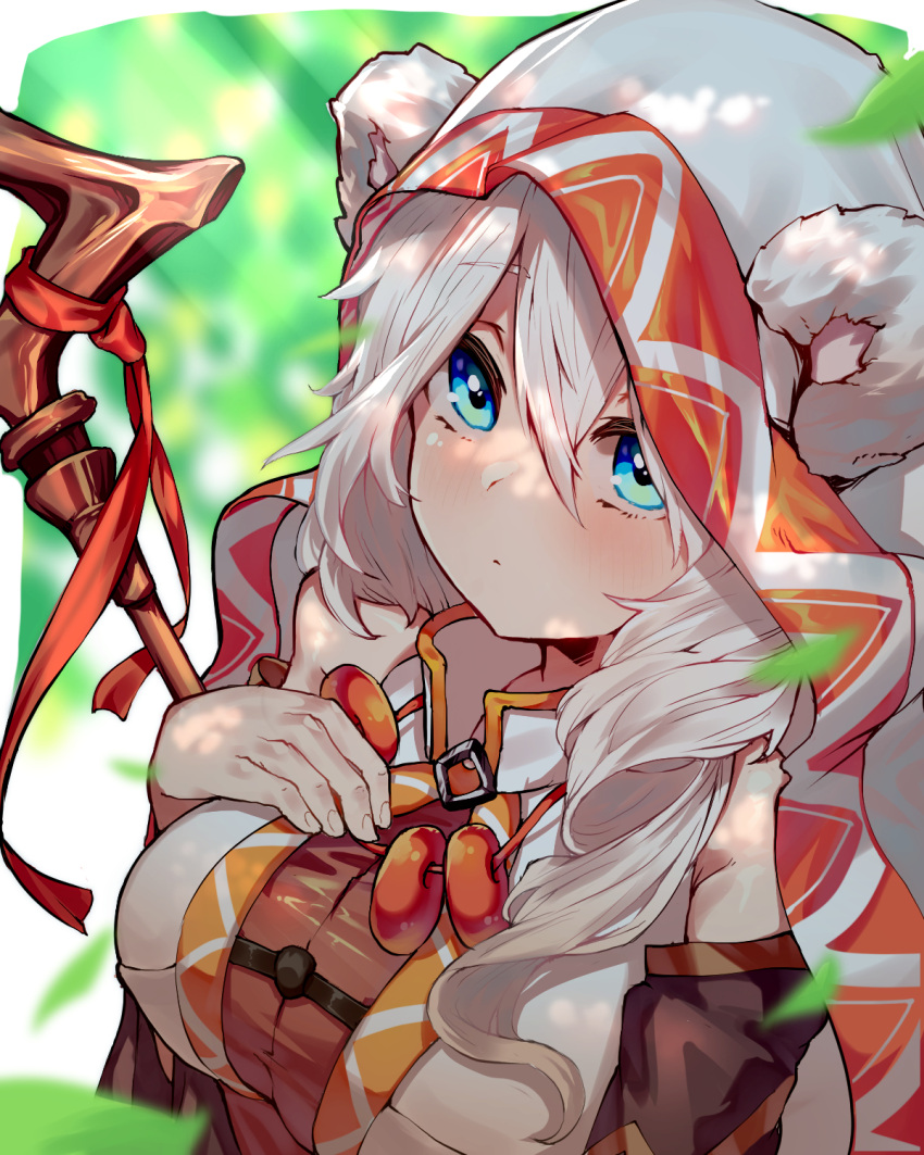 animal_ears bare_shoulders blue_eyes breasts cloak closed_mouth cymlim dress druid_kanna female forest guardian_tales highres hood hooded_cloak jewelry korean_commentary large_breasts long_hair long_sleeves looking_at_viewer nature necklace staff white_hair