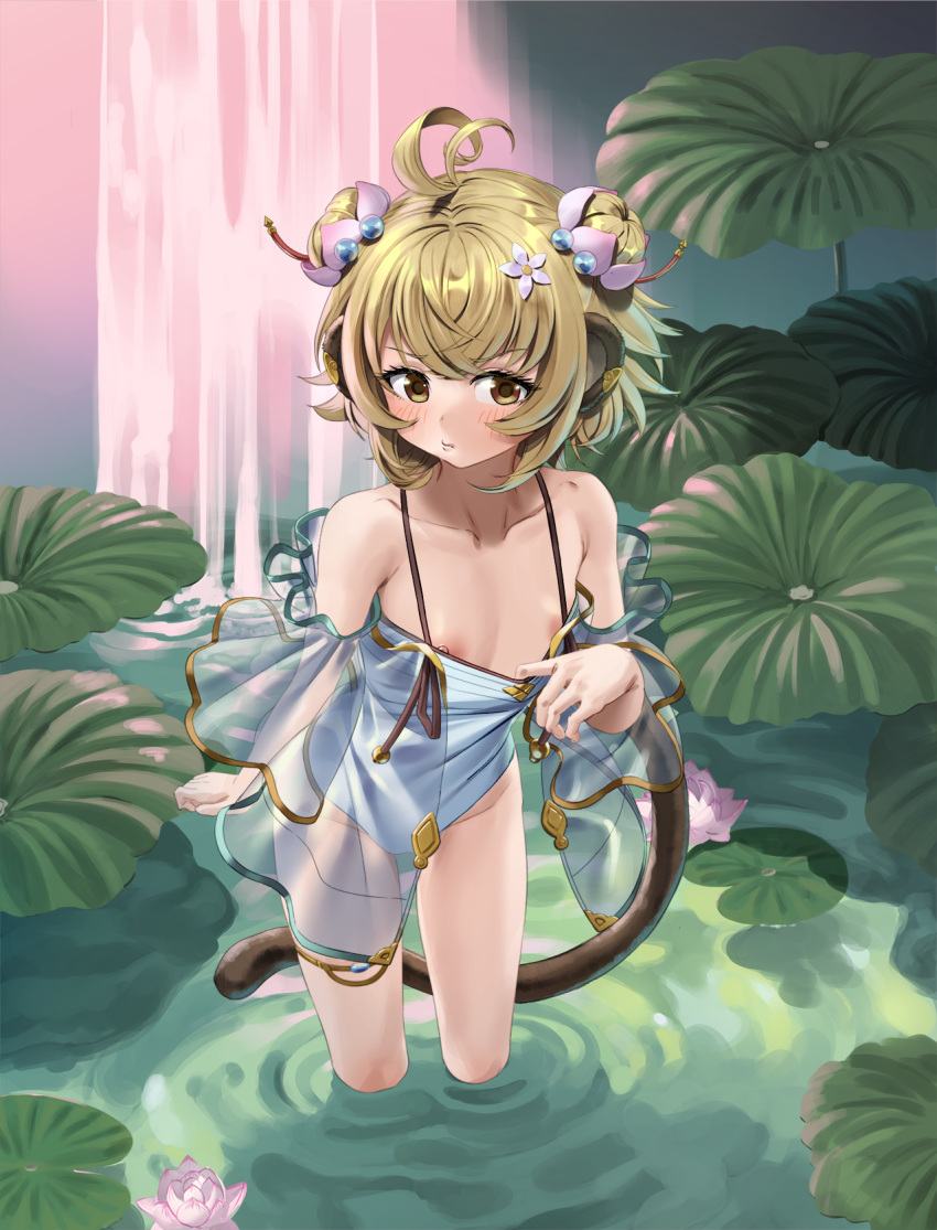 andira_(granblue_fantasy) andira_(summer)_(granblue_fantasy) animal_ears aqua_one-piece_swimsuit casual_one-piece_swimsuit covered_navel double_bun erune granblue_fantasy green_one-piece_swimsuit hair_bun haraguro_jakku highleg highleg_swimsuit highres monkey_ears monkey_girl monkey_tail nipples official_alternate_costume one-piece_swimsuit see-through see-through_sleeves swimsuit tail