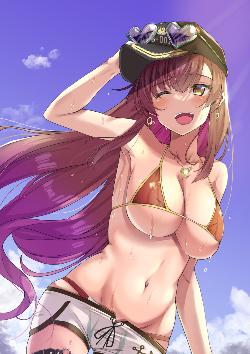 ;d armpits bad_id bad_pixiv_id bikini black_headwear blue_sky breasts cloud commentary_request day earrings eyewear_on_headwear female hand_on_headwear heart heart-shaped_eyewear heart_earrings heart_necklace highres hololive houshou_marine houshou_marine_(summer) jewelry large_breasts long_hair navel necklace no_shirt official_alternate_costume official_alternate_hair_length official_alternate_hairstyle one_eye_closed open_mouth red_bikini red_hair ryuunagi_hyouga shorts sky smile solo stomach sunglasses sweat swimsuit teeth upper_teeth_only very_long_hair virtual_youtuber white_shorts yellow_eyes