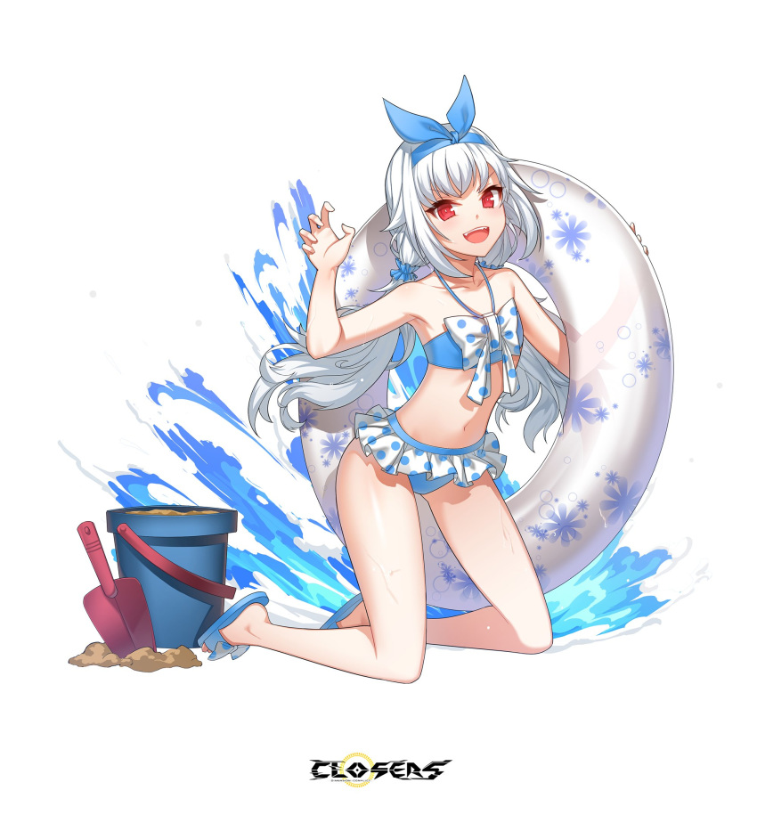 :d arm_up armpits bare_arms bare_legs bare_shoulders bikini bikini_skirt blue_bikini bow bucket claw_pose closers collarbone commentary_request fangs female flat_chest floral_print full_body hair_ornament hair_scrunchie hairband halterneck highres innertube kneeling korean_commentary long_hair looking_at_viewer low_twintails navel official_art open_mouth polka_dot red_eyes sand sandals scrunchie seth_(closers) shovel smile solo stomach swim_ring swimsuit thighs twintails v-shaped_eyebrows very_long_hair water wet white_bow white_hair