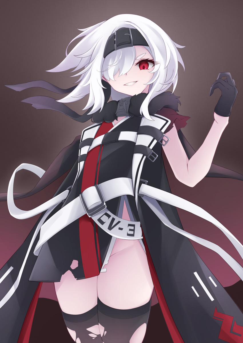 absurdres arm_behind_back azur_lane black_coat black_dress black_gloves black_hairband bon_homme_richard_(azur_lane) bon_homme_richard_(meta)_(azur_lane) coat cowboy_shot dress evil_smile female from_below gloves grin groin hair_over_one_eye hairband hand_up highres looking_at_viewer looking_down medium_hair messy_hair no_panties osatou_(soul_of_sugar) red_eyes side_slit smile solo thighhighs thighs torn_clothes torn_dress torn_thighhighs white_hair