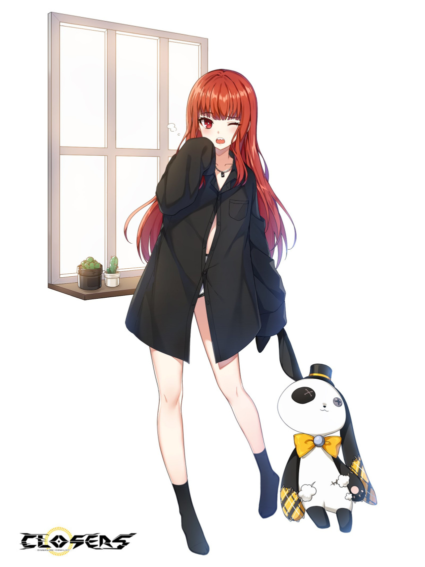 ;o bare_legs black_shirt black_socks breast_pocket closers collarbone collared_shirt commentary_request doll female full_body highres holding jewelry korean_commentary long_hair long_sleeves looking_at_viewer necklace official_art one_eye_closed open_mouth partially_unbuttoned plant pocket potted_plant red_eyes red_hair seth_(closers) shirt shorts sleeves_past_fingers sleeves_past_wrists socks solo stuffed_animal stuffed_rabbit stuffed_toy white_shorts window