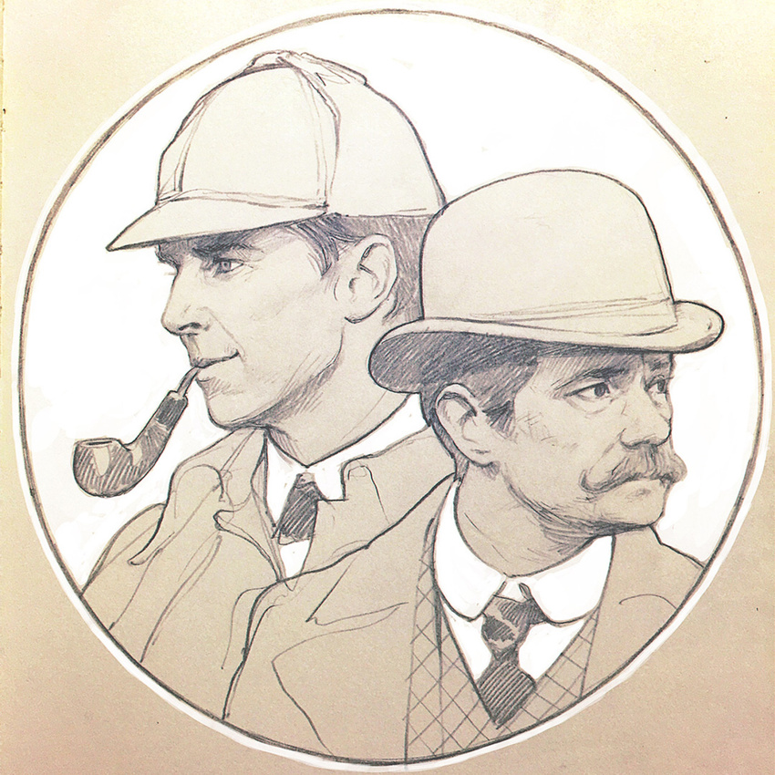 benedict_cumberbatch deerstalker facial_hair graphite_(medium) hat highres ilya_kuvshinov john_hamish_watson john_watson male_focus martin_freeman monochrome moustache multiple_boys pipe sherlock_(bbc) sherlock_holmes sherlock_holmes_(sherlock) solo traditional_media