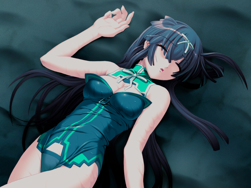 aqua_leotard bare_legs black_hair breasts cleavage closed_eyes demonbane detached_collar female game_cg hadou_ruri hair_between_eyes hair_ribbon long_hair lying medium_breasts neck_ribbon nishii_(damnedrive) on_back open_mouth ribbon solo sweatdrop very_long_hair white_ribbon