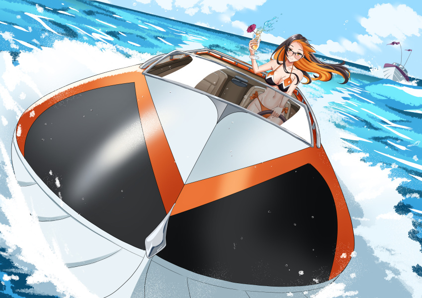 absurdres alcohol bikini black_hair boat breasts cleavage cloud cocktail_umbrella commission day driving female glasses highres holding horizon large_breasts long_hair looking_at_viewer monero monero-chan multicolored_hair navel ocean orange_bikini orange_eyes orange_hair outdoors sairam_gutierrez second-party_source sky smile solo standing steering_wheel swimsuit two-tone_hair vehicle_focus water watercraft wide_shot