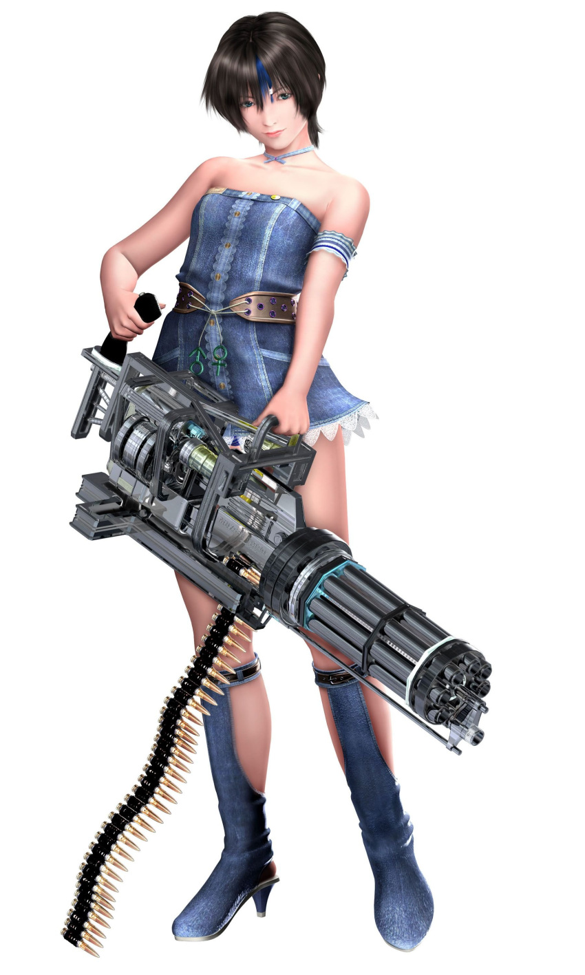 3d absurdres aqua_eyes bare_shoulders black_hair bullet choker denim denim_dress des_blood_vr female gatling_gun gun high_heels highres machine_gun sara_(des_blood_vr) shoes short_hair solo weapon