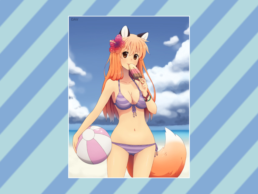 animal_ears bikini blush brown_eyes cleavage clouds dav flowers food foxgirl long_hair orange_hair patricia sky swimsuit tail