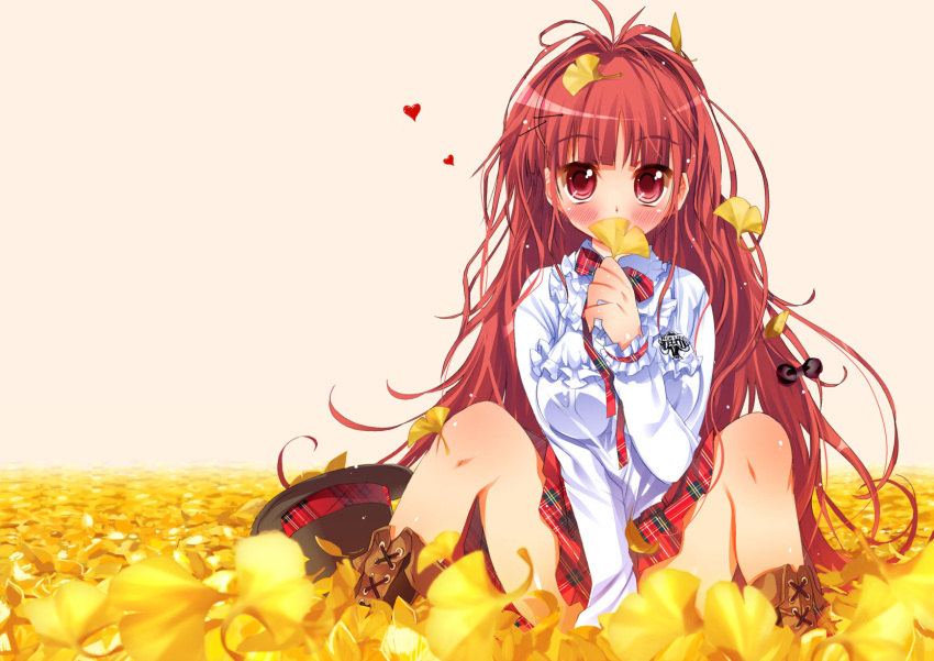 bad_id bad_pixiv_id blush boots female flower ginkgo_tree heart highres long_hair original plaid plaid_skirt red_eyes red_hair sitting skirt sodapop_(iemaki) solo