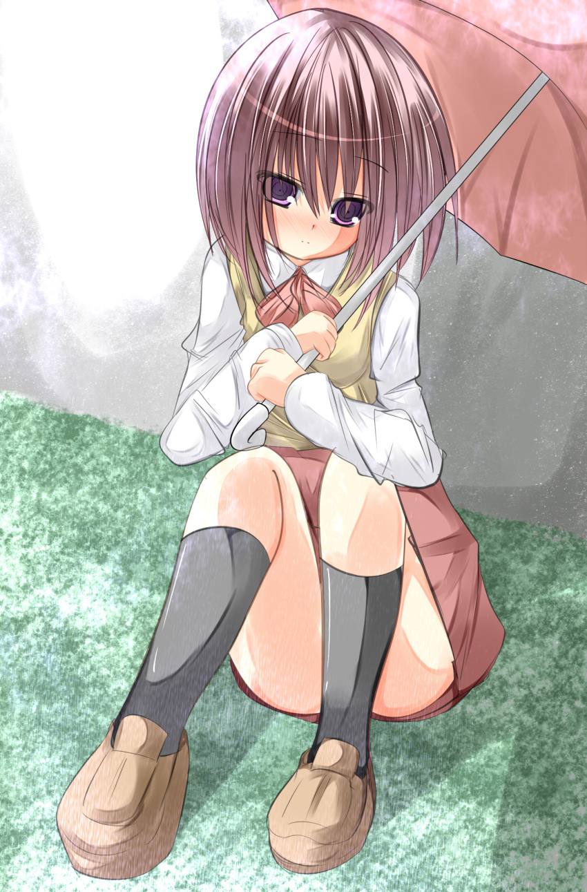 bad_id bad_pixiv_id bamboo_blade bob_cut empty_eyes female grass head_tilt highres kawazoe_tamaki purple_eyes purple_hair school_uniform shoes short_hair sitting skirt socks solo tabuchi_(tabuchisanchi) umbrella