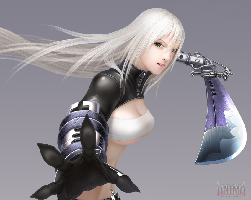 anima barbell_piercing breasts celia_(anima) cleavage commentary_request female fighting_stance foreshortening gauntlets green_eyes large_breasts navel_piercing photoshop_(medium) piercing solo strapless sword tube_top underboob weapon wen-m white_hair