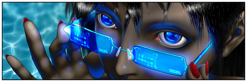 augmented_reality black_hair blue_eyes blue_theme border close-up commentary_request cyborg dark-skinned_female dark_skin eye_focus eyelashes female glasses hands highres ian_chase nail_polish original pixiv science_fiction solo water