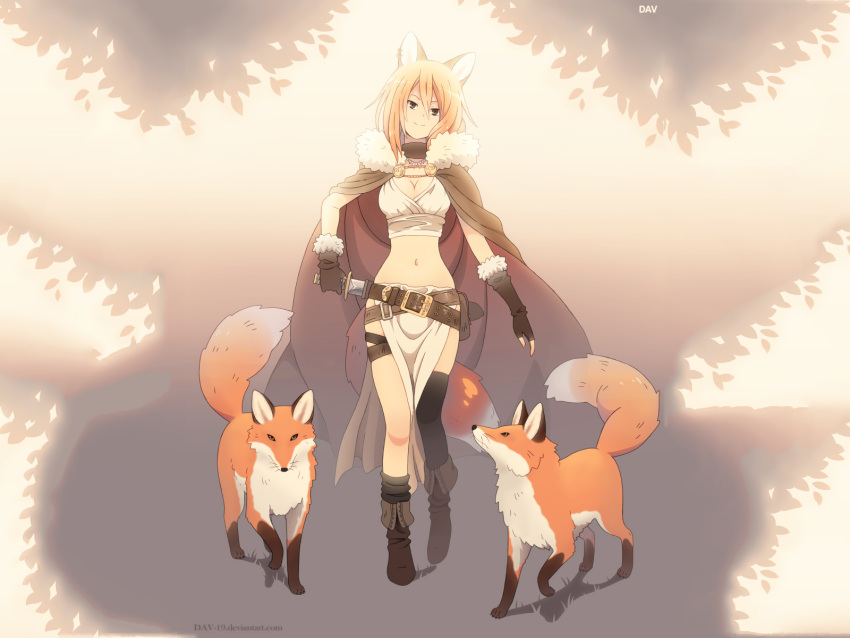 animal animal_ears brown_eyes cleavage dav fox foxgirl necklace orange_hair patricia sword tail thighhighs weapon