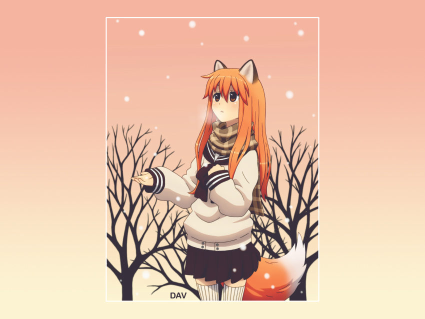 animal_ears blush brown_eyes dav foxgirl long_hair orange_hair patricia scarf seifuku snow tail thighhighs