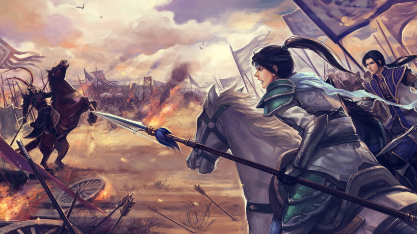 3boys armor arrow_(projectile) battle bird black_hair cao_pi cloud commentary_request coralliu fire flag gauntlets headband highres horse horseback_riding lu_bu male_focus multiple_boys pauldrons planted planted_arrow polearm ponytail red_hare riding scarf shin_sangoku_musou shoulder_armor sky smoke spear sword war weapon wheel zhao_yun