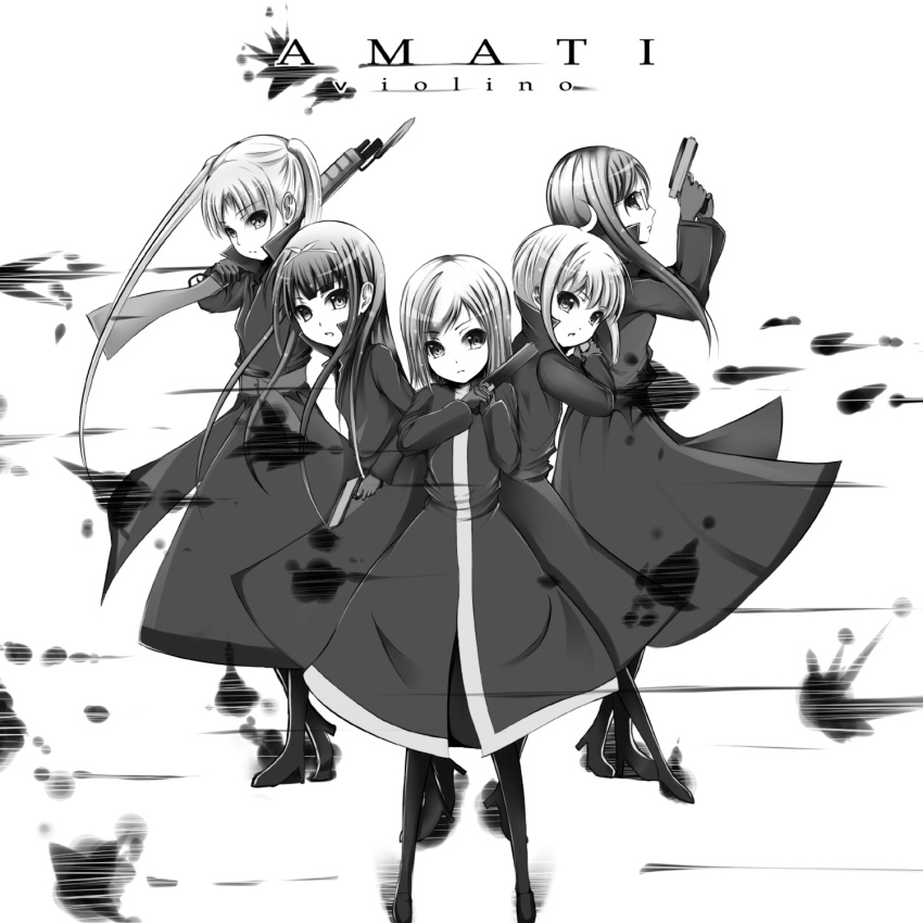 5girls ahoge angelica_(gunslinger_girl) claes cloak commentary_request dekochin_hammer dress full_body greyscale gunslinger_girl henrietta_(gunslinger_girl) highres long_sleeves monochrome multiple_girls photoshop_(medium) rico_(gunslinger_girl) short_hair simple_background standing triela white_background