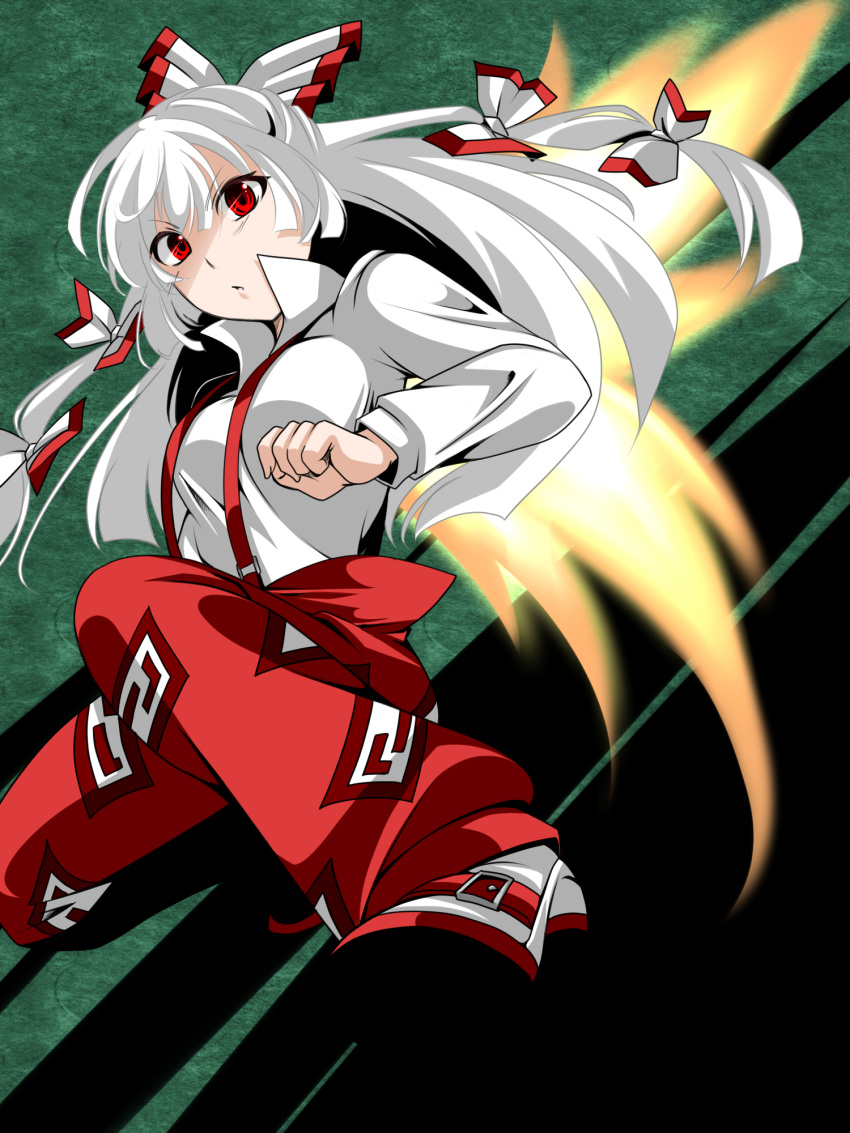 bow commentary_request female fire fujiwara_no_mokou hairbow hal_(goshujinomocha) highres long_hair popped_collar red_eyes solo suspenders touhou very_long_hair white_hair wings