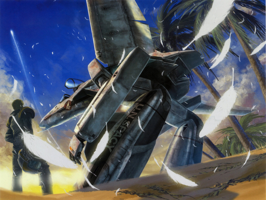 1boy absurdres armor beach blonde_hair cloud feathers gerwalk helmet highres island macross macross_zero mayan_(macross) mecha military military_uniform non-web_source official_art palm_tree pilot_suit realistic robot roy_focker sand scan science_fiction sunlight tenjin_hidetaka tree u.n._spacy uniform variable_fighter vf-0 vf-0s