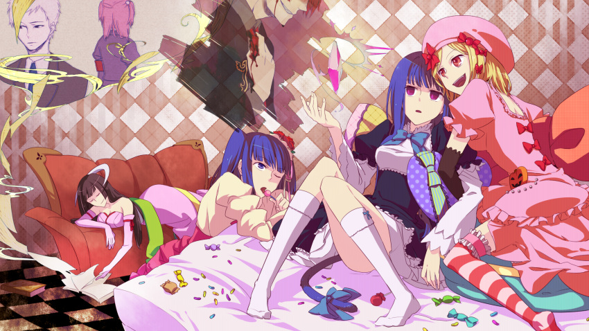 2boys 5girls beret black_battler black_hair blonde_hair blood blue_eyes blue_hair book bow candy cat_tail closed_eyes commentary_request couch dress featherine_augustus_aurora flower food formal frederica_bernkastel furudo_erika grey_hair grin hachijou_tooya hair_bobbles hair_flower hair_ornament hat highres kakera kneehighs lambdadelta lollipop lying multiple_boys multiple_girls on_stomach one_eye_closed open_book open_mouth pink_hat purple_eyes red_eyes red_hair reichi smile socks spoilers striped_clothes striped_thighhighs suit tail thighhighs two_side_up umineko_no_naku_koro_ni ushiromiya_ange ushiromiya_battler white_legwear