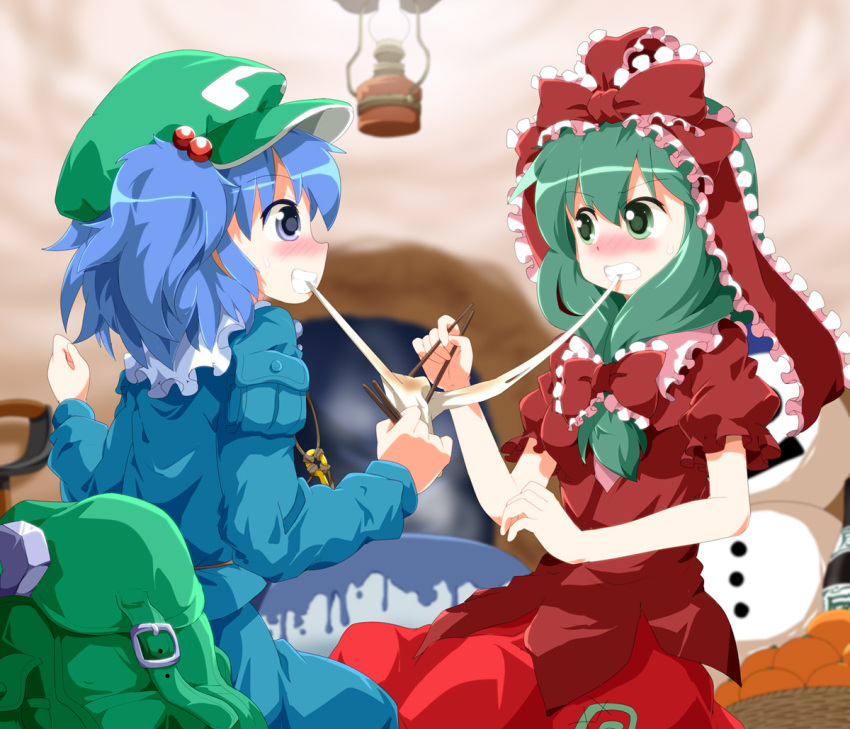 2girls backpack bag basket blue_eyes blue_hair blurry bow chopsticks commentary_request depth_of_field eating food frills front_ponytail fruit green_eyes green_hair hair_bobbles hair_ornament hair_ribbon hairbow hat kagiyama_hina kawashiro_nitori key lantern mandarin_orange mochi multiple_girls quinzhee ribbon ruu_(tksymkw) snow_shelter touhou two_side_up wagashi