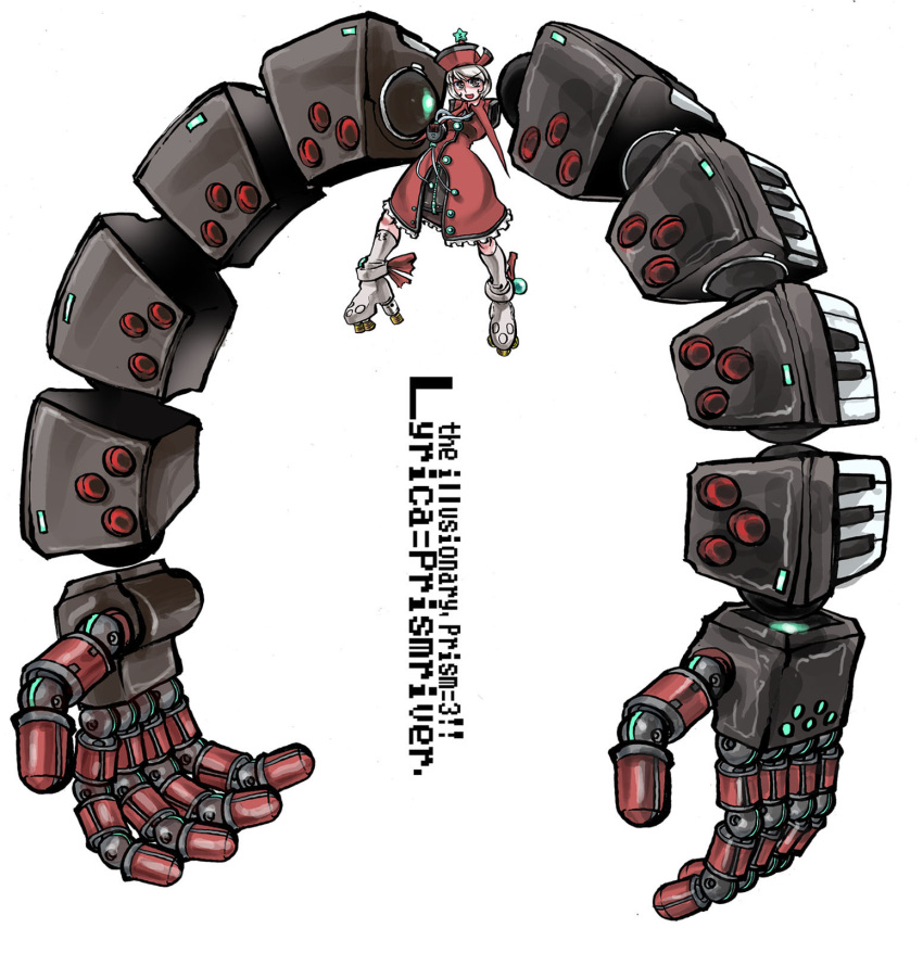 brown_hair commentary_request ebisawa_sekisai fusion grey_hair hellsinker highres lyrica_prismriver mecha mecha_musume mechanical_arms robot sunken_bishop touhou white_background