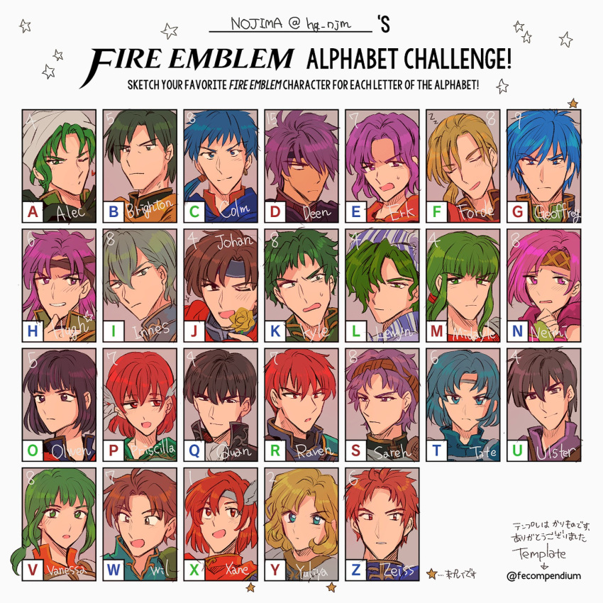 alec_(fire_emblem) aqua_hair armor black_hair blonde_hair blue_eyes blue_hair blush brighton_(fire_emblem) brown_hair cape colm_(fire_emblem) commentary_request deen_(fire_emblem_gaiden) elbow_gloves erk_(fire_emblem) fingerless_gloves fire_emblem fire_emblem:_genealogy_of_the_holy_war fire_emblem:_path_of_radiance fire_emblem:_radiant_dawn fire_emblem:_the_binding_blade fire_emblem:_the_blazing_blade fire_emblem:_the_sacred_stones fire_emblem:_thracia_776 fire_emblem_echoes:_shadows_of_valentia fire_emblem_heroes forde_(fire_emblem) geoffrey_(fire_emblem) gloves green_eyes green_hair headband highres hugh_(fire_emblem) innes_(fire_emblem) iuchar_(fire_emblem) kyle_(fire_emblem) lewyn_(fire_emblem) long_hair looking_at_viewer midir_(fire_emblem) multiple_boys multiple_girls neimi_(fire_emblem) noshima olwen_(fire_emblem) open_mouth pegasus_knight_uniform_(fire_emblem) ponytail priscilla_(fire_emblem) purple_eyes purple_hair quan_(fire_emblem) raven_(fire_emblem) red_hair saleh_(fire_emblem) scathach_(fire_emblem) short_hair smile thea_(fire_emblem) vanessa_(fire_emblem) wil_(fire_emblem) xane_(fire_emblem) yuliya_(fire_emblem) zeiss_(fire_emblem)