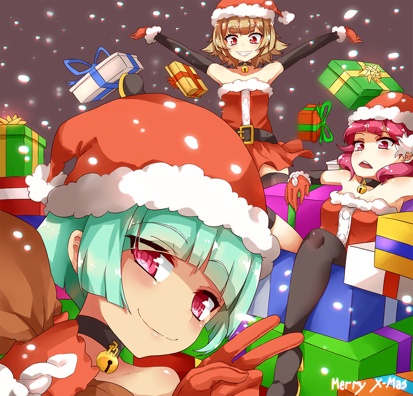 1boy 2girls aqua_hair bell bell_choker belt black_legwear borrowed_character box brown_hair choker christmas crossdressing detached_sleeves enki_(dragonfire) flat_chest fur_trim gift gift_box gloves hair_ornament haru_(naso4) hat highres hina_(naso4) merry_christmas multiple_girls nagi_(naso4) original pink_eyes pink_hair red_eyes red_gloves santa_costume santa_hat short_hair snowing thighhighs trap v