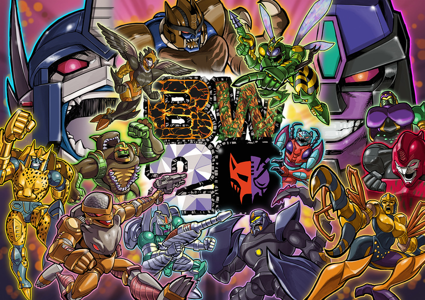 1990s_(style) 2girls 6+boys airazor arthropod_girl beast_wars beast_wars:_transformers black_eyes blackarachnia breasts bug cheetor claws clenched_hand clenched_hands clenched_teeth commentary dinobot_(beast_wars) everyone fangs full_body glowing glowing_eyes green_eyes grin gun happy headgear holding holding_gun holding_weapon inferno_(beast_wars) insignia large_breasts looking_at_viewer looking_down machinery maximal mecha megatron megatron_(beast_wars) mouse_(animal) multiple_boys multiple_girls no_humans open_mouth optimus_primal photoshop_(medium) pose predacon rattrap red_eyes retro_artstyle rhinox robot scorponok sidelocks smile spikes standing tarantulas teeth terrorsaur tigatron transformers waspinator weapon wings yasukuni_kazumasa