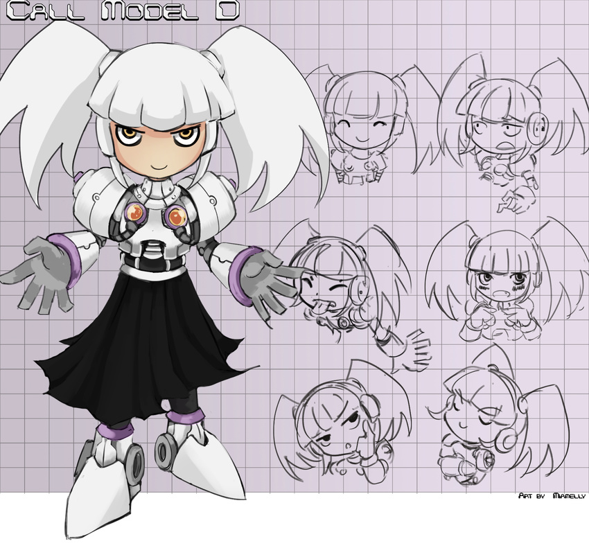 bad_id bad_link call_(mighty_no._9) call_d expressions female highres joints miamelly mighty_no._9 multiple_views purple_eyes robot robot_ears robot_joints skirt smile white_hair