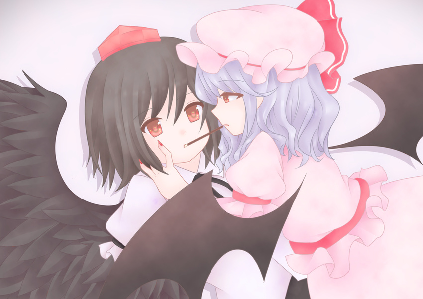 2girls bad_id bad_pixiv_id bat_wings bebitera bird_wings black_hair blouse blue_hair eye_contact fingernails food grey_background hand_on_another's_shoulder hat hat_ribbon looking_at_another mob_cap multiple_girls nail_polish pocky pocky_kiss puffy_short_sleeves puffy_sleeves red_eyes remilia_scarlet ribbon shameimaru_aya shared_food sharp_fingernails shirt short_hair short_sleeves simple_background skirt skirt_set tokin_hat touhou wings yuri