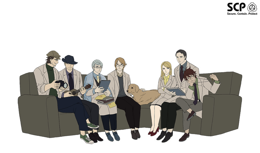 6+boys agatha_e_rights alto_clef assa black_hair blonde_hair brown_hair camera canine commentary_request copyright_name couch crossed_legs female gears_(scp) glasses hat high_heels highres iceberg_(scp) instrument jack_bright jewelry kain_pathos_crow kondraki lab_coat logo long_hair looking_at_another mixed-language_commentary multiple_boys necklace necktie parted_lips scp-963 scp_foundation simple_background sitting smile ukulele vest white_background white_hair