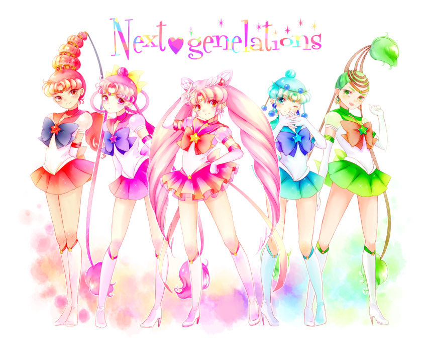 5girls aged_up amazons_quartet arms_behind_back back_bow bishoujo_senshi_sailor_moon bishoujo_senshi_sailor_moon_stars blue_eyes blue_hair blue_sailor_collar blue_skirt boots bow brooch cerecere_(sailor_moon) chibi_usa choker commentary_request cone_hair_bun double_bun earrings elbow_gloves english_text engrish_text full_body gloves green_eyes green_hair green_skirt group_picture hair_bun hair_ornament hair_rings hairpin hand_on_own_hip jewelry junjun_(sailor_moon) knee_boots long_hair magical_girl multi-tied_hair multiple_girls one_eye_closed pallapalla_(sailor_moon) pink_choker pink_eyes pink_hair pink_sailor_collar pink_skirt pleated_skirt ranguage red_eyes red_hair red_sailor_collar red_skirt ribbon sailor_ceres sailor_chibi_moon sailor_collar sailor_juno sailor_moon_pose sailor_pallas sailor_senshi sailor_senshi_uniform sailor_vesta short_hair single_hair_bun skirt smile star_brooch super_sailor_chibi_moon_(stars) tiara torao_(torakmn) twintails v vesves_(sailor_moon) white_footwear white_gloves yellow_bow