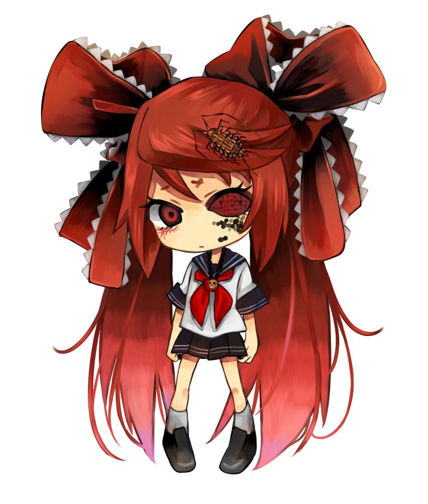 bad_id bad_pixiv_id bow ca_(maeda_koutarou) calne_ca_(deino) chibi crustacean female hair_ribbon hairbow hatsune_miku highres isopod jewelry long_hair looking_at_viewer nail_polish necklace oniyama831 original red_eyes red_hair ribbon saikin_osen_-_bacterial_contamination_-_(vocaloid) school_uniform serafuku simple_background skirt skull_necklace solo twintails very_long_hair vocaloid