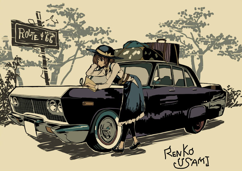 belt brown_hair car commentary_request dress female ginjuuji hair_ribbon hat highres leggings motor_vehicle ribbon rope route_66 shoes sign smile socks solo suitcase touhou tree united_states usami_renko vehicle_focus