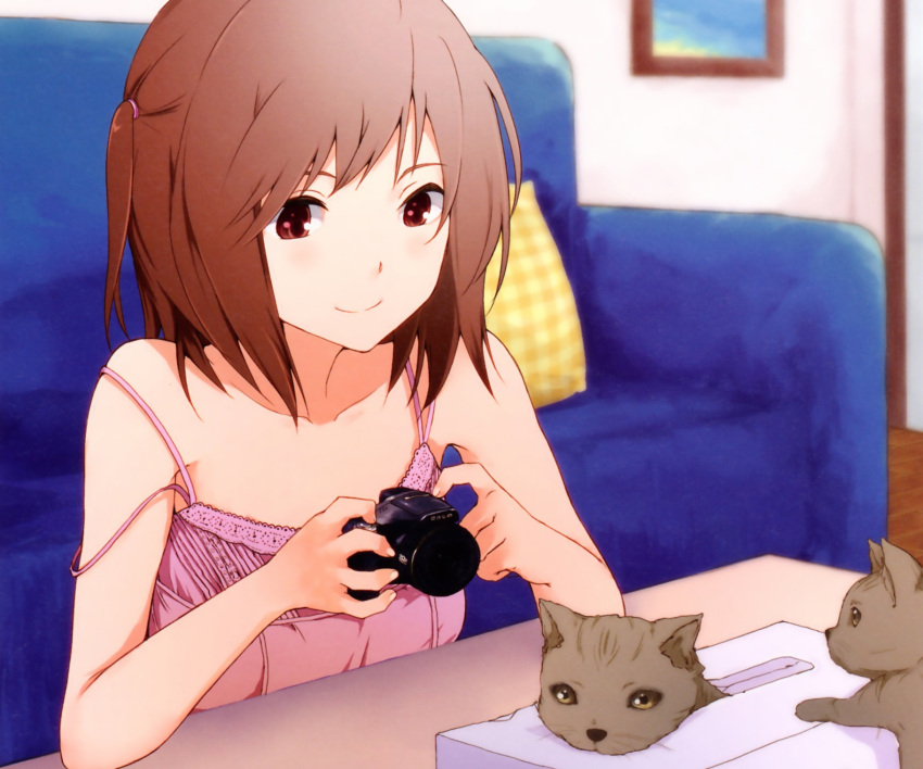 animal brown_eyes brown_hair camera feline nishiuri_warito original scan