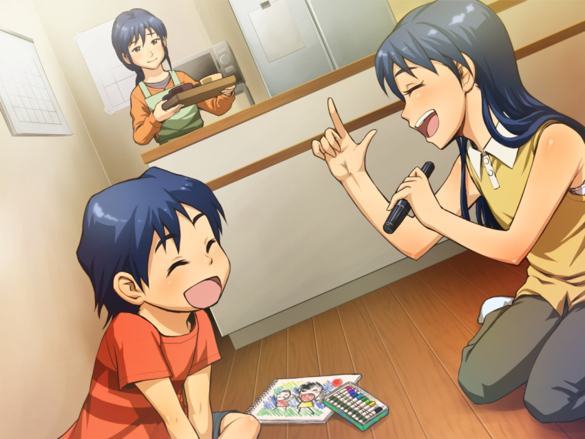 1boy 2girls arm_up blue_hair blush brother_and_sister chiaki_rakutarou child's_drawing closed_eyes commentary_request crayon drawing family idolmaster idolmaster_(classic) kisaragi_chigusa kisaragi_chihaya kisaragi_yuu_(idolmaster) marker microphone mother_and_daughter mother_and_son multiple_girls music open_mouth short_hair siblings singing smile