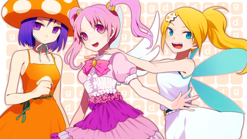 bad_id bad_nicoseiga_id banned_artist blonde_hair blue_eyes bow dress eyecatch gdgd_fairies harano highres korokoro multiple_girls mushroom oerba_yun_fang pikupiku pink_hair purple_eyes shirushiru wings