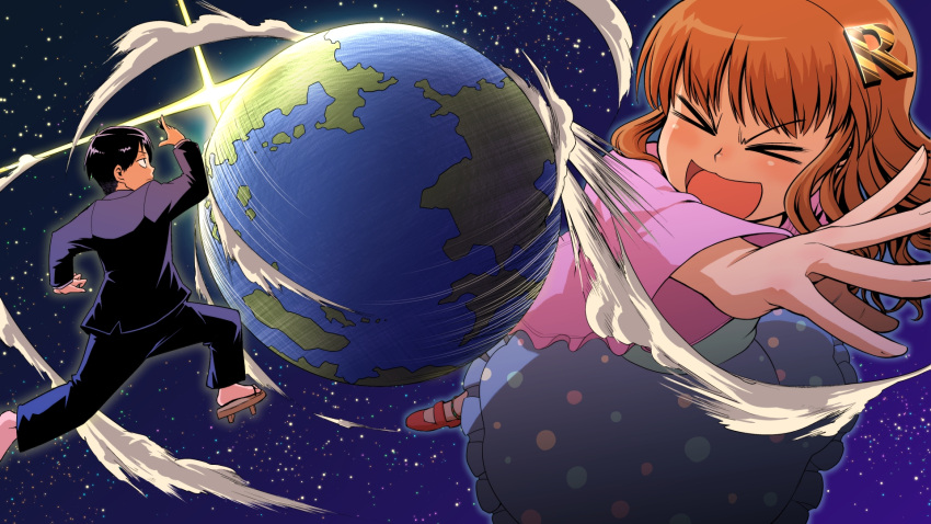 >_< blush chiaki_rakutarou closed_eyes commentary_request crossover earth_(planet) female hair_ornament hairclip highres idolmaster idolmaster_cinderella_girls kyuukyoku_choujin_r long_hair moroboshi_kirari open_mouth planet r_tanaka_ichirou running sky smile space spinning star_(sky) starry_sky