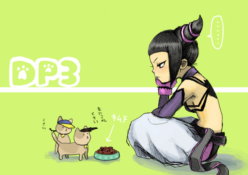 ... animalization baggy_pants bare_shoulders bell black_hair breasts collar commentary_request cosplay detached_sleeves drill_hair feline female gloves halterneck head_rest indian_style juri_han kimchi medium_breasts neck_bell pants riry sideboob sitting speech_bubble street_fighter street_fighter_iv_(series) translated twin_drills yang_lee yun_lee